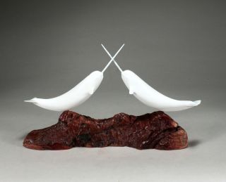 Narwhal Pair " Jousting " Sculpture Direct From John Perry 14in Long Decor