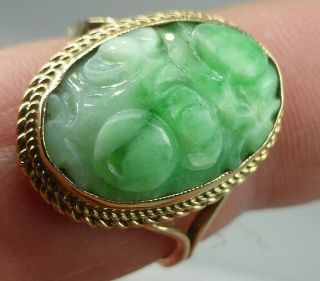 Vintage 9ct Gold Chinese Carved Apple Jade Jadeite Ring Size Q 1/2