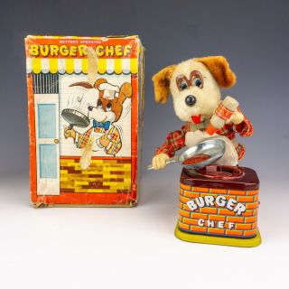 Vintage Yonezawa Japanese Tin Plate - Battery Operated Burger Chef Dog - Boxed