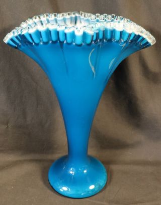 Vintage Fenton 13 " Tall Jamestown Blue Art Cased Glass Fan Vase Silver Crest