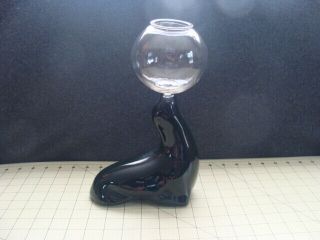 Ceramic Black Seal Figurine Clear Glass Ball Bowl Planter