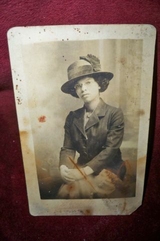 Rppc Antique African American Young Lady With Locket Watch Chain Bracelet & Hat