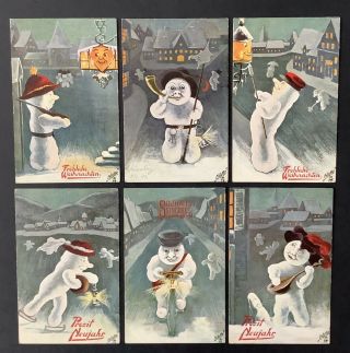 Tuck Snowman Postcards (6) Series 555 Unsigned Fialkowska Sweet Animated Guys