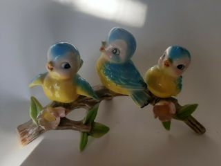 Vintage Lefton Norcrest 3 Anthropomorphic Blue Birds Sitting On Branch