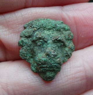 A Very Small Ancient Roman Bronze Lion Head Applique - Found In Leiden,  Holland.