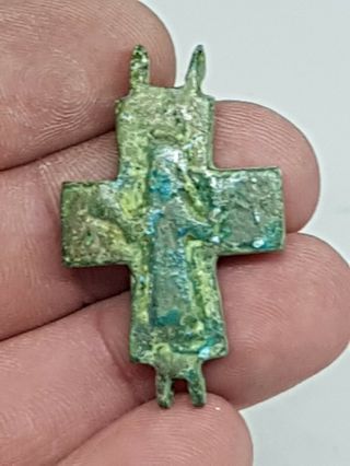 Very Rare Ancient Encolpion Bronze Religion Christian Cross Pendant.  5,  6 Gr.  40 Mm