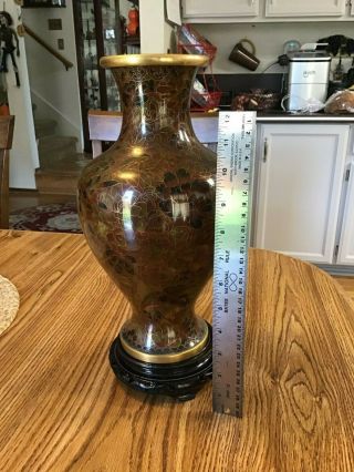 Vintage Chinese Cloisonne Vase,  12.  5 In,  Dark Amber W/flowers