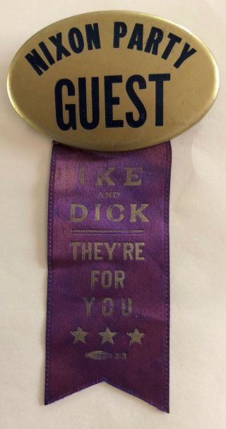 Rare Ike Eisenhower Dick Nixon Party Guest Pin Pinback Ribbon 1952