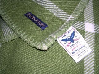 008o Vintage Pendleton 100 Wool Green Cream Plaid Blanket 66x90 " Euc