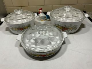 Rare Set Of 3 Vintage Corning Ware Spice Of Life Round Casseroles Dimple Lids