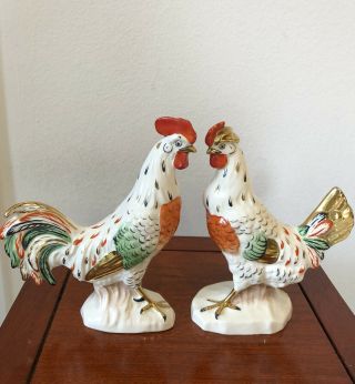Vintage Czechoslovakia Czech Porcelain Rooster Hen Pair Chicken Figurine