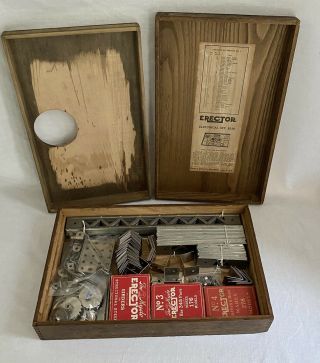 Vintage Gilbert Erector Set 4 - Wooden Box With Tray And Parts