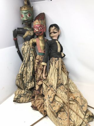 3 Vintage Indonesian Wayang Golek Java Wooden Rod Puppets Marionette Dolls