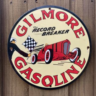 Vintage Gilmore Gasoline Porcelain Metal Sign Oil Racing Gas Station Race Car