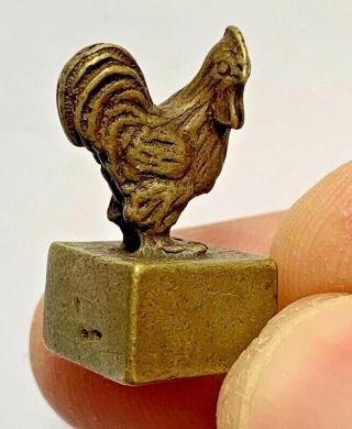 Rare Ancient Chinese Bronze Seal Stamp With Cock On Top Dynasty Tiger 27mm