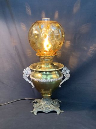 Antique Vtg Miller Juno Brass Parlor Table Electric Oil Lamp Amber Glass Shade