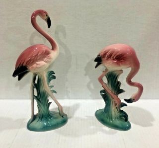 Two Vtg Mid Century Art Deco Tropical Pink Flamingo Statues Unmarked
