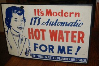 Rare Vintage Modern Automatic Hot Water Plumber Store Advertising Cardboard Sign