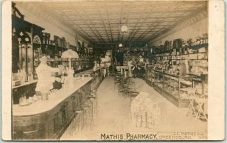 1910s Greensburg Kansas Rppc Photo Postcard Mathis Pharmacy Drug Store Interior
