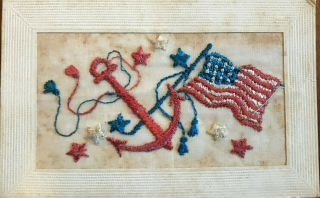 Very Rare Ww1 Era Silk Embroidered Us Naval Postcard Flag,  Anchor,  1 Cent Stamp