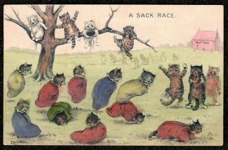 1910 Louis Wain Cats " A Sack Race " Coloured Embossed Postcard Hartmann Exc