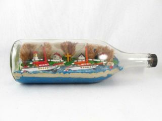 Vintage Folk Art 2 Ship W/ Village & Lighthouse In A Bottle Diorama