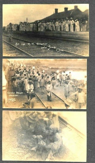 Woosung China 1912 Rppc 3 Postcards,  Sailors At Railroad Station,  Beggars