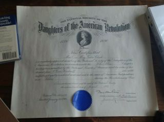 1916 Daughters Of The American Revolution Certificate,  Vt Woodruff Descendant