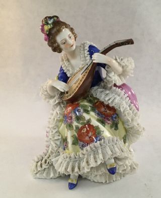 Vintage Mv Muller Volkstedt Dresden German Lace Porcelain Figure Figurine Music