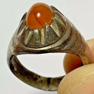Post Medieval Silver Ring With Rare And Stone Orange Crystal (inner 19mm)