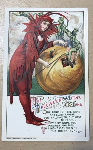Girl With Green Gnomes On Halloween Postcard C1912 By Winsch - Schmucker