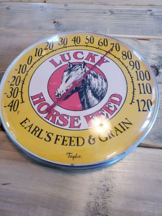 VTG LUCKY HORSE FEED COLORFUL ADVERTISING THERMOMETER SIGN EARL ' S FEED AND GRAIN 2