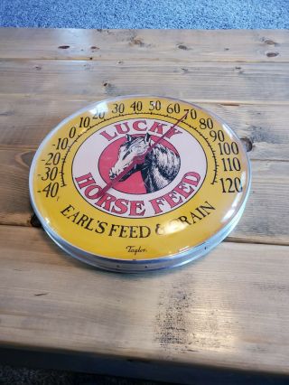 VTG LUCKY HORSE FEED COLORFUL ADVERTISING THERMOMETER SIGN EARL ' S FEED AND GRAIN 3