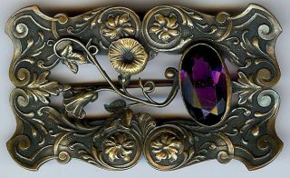 Art Nouveau Beauty Antique Faceted Purple Glass Trumpet Flowers Sash Pin Brooch