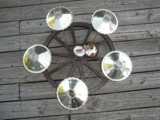 Vintage Wagon Wheel 5 Light Fixture Chandelier Large 24 " W Chimneys & Diffusers
