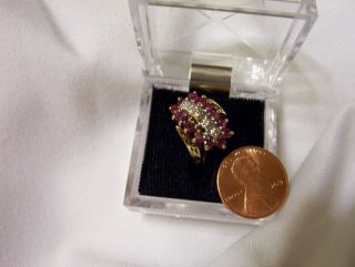 Ring,  Ruby & Diamond Cluster,  10 K,  Yellow Gold Size 7,  4 G.  Vintage,  1970 