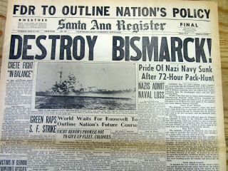 1941 Ww Ii Headlne Newspaper German Warship The Bismarck Is Sunk By British Navy
