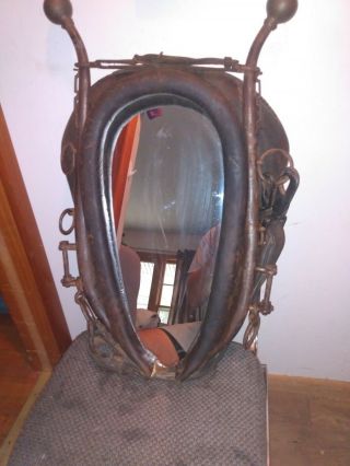 Vintage Ranch Farmhouse Ham Brass Cast Iron Leather Horse Collar Mirror Gourgous