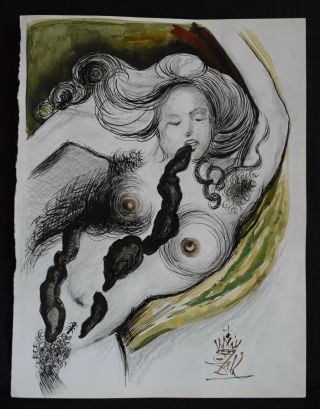 Salvador DalÍ,  Drawing,  Mixed Media On Old Paper,  Signed,  Vtg,  Art,  Painting