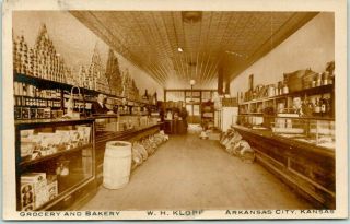 Arkansas City,  Kansas Rppc Photo Postcard " W.  H.  Klopf - Grocery & Bakery " C1910s