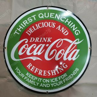 Drink Coca Cola Vintage Porcelain Enamel Sign 30 Inches Round