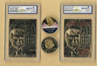 Donald Trump 45th President 23 Kt Gold 2 Cards Graded Gem 10 & Silver Coins