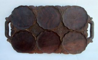 Vintage Old Indian Hand Carved Wood Unique Shape Flower Design Carved Tray Plate
