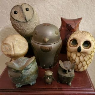 7 Vintage Carved Wood Stone Pewter Marble Brass Wax Rock Puzzle Owl