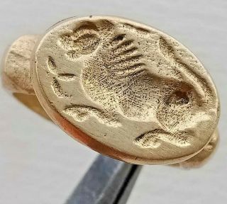 Ancient Roman Bronze Seal Ring With Lion On Bezel Circa 900 - 1000 Ad