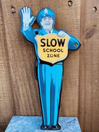 Vintage Slow School Zone Crossing Guard Porcelain Metal Sign Usa Police Officer