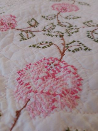 Vintage Hand Made Quilt,  Cross Stitch Embroidered Pink Roses Design