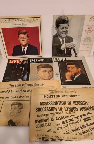 John F Kennedy Assassination Memorabilia 2 Newspapers 3 Magazines 2 Albums