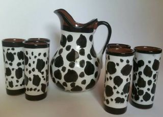 Cow Print Pitcher And Glasses Black White Brown Terracotta Pottery 7 Piece Set