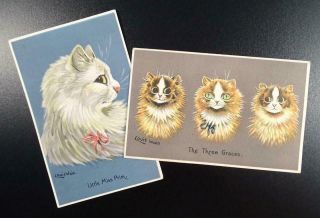 2x Edwardian Louis Wain Cat Postcards - Little Miss Prim & Three Graces